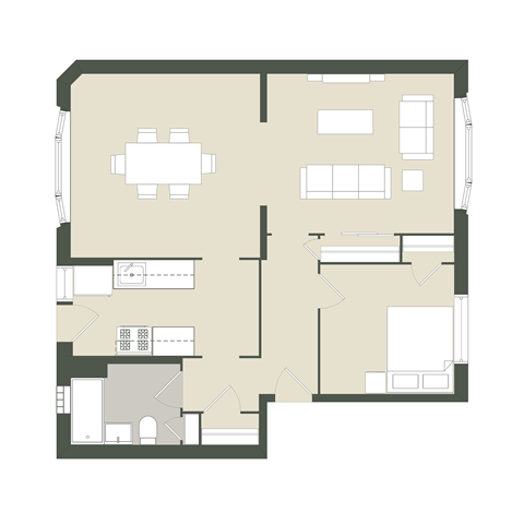 Floor plan for 1 bed, 1 bath, 688 sqft